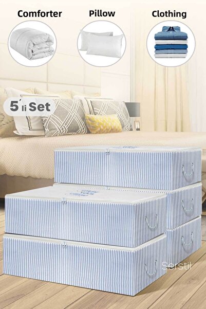 Serstil 5 Τεμάχια - Mega Μέγεθος κάτω από την αποθήκη Μπλε ριγέ τσάντα 74 x 46 x 22 cm