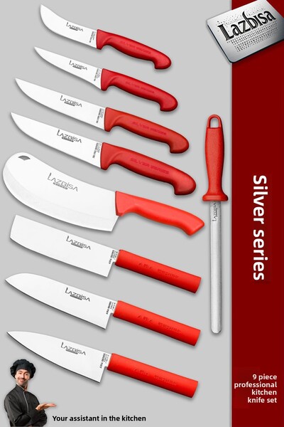 LAZBİSA Silver Professional Series Kitchen Knife Set 9 Pieces Meat Bread Vegetable Salad Dumpling Knife and Masat