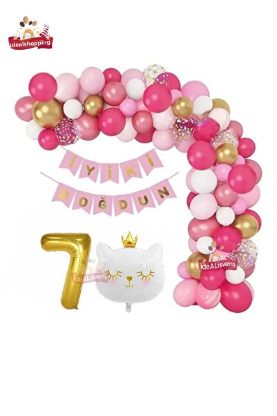 Bkmc White Cat with Banner 7 Years Old Pink Gold White Birthday Party Set wit...