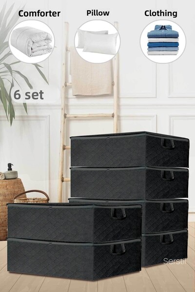 Serstil 6 Pieces Sofa Bed Base Type Storage Bag - Large Size Storage Bag Under Base Black 64 X 45 X 22 Cm