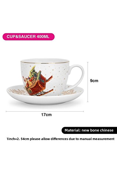 Fissman Christmas-Themed Tea Cup and Saucer Set of 2 400mL, Ceramic New Bone China Teacup and Saucer