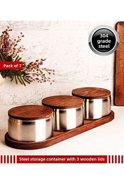 Steel & More Wooden Lid Steel Snack Bowl 7 Piece Leak Proof Storage Container 12cm