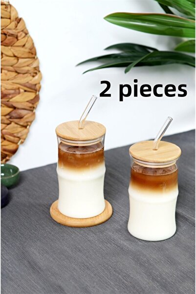Bayev 2 Pieces 330 ml Bamboo Lid Glass Pinterest Cup with Straw - Borosilicat...