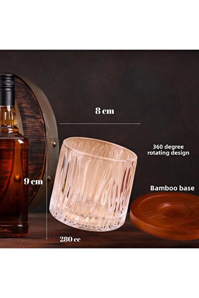 PERLOTUS 360 with Bamboo Cup Base °   Spinning Whiskey Glass and Steel Ice Cubes Set