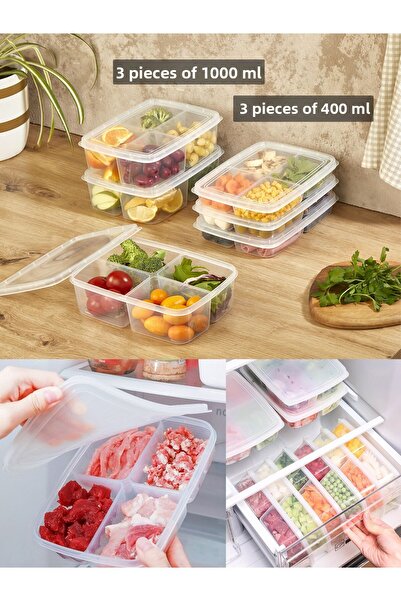 KRM HOME 6-Piece Storage Set (3 PCS 400 ML) (3 PCS 1000 ML) 4 Compartments Frozen Meat and Vegetable Storage Container