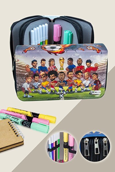 OneSize Husă de creion vegană cu model de fotbal - trei compartimente