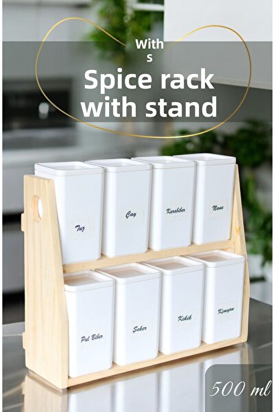 Denizcan Home طقم بهارات من البورسلين مكون من 8 قطع مع حامل خشبي وغطاء مفرغ م...