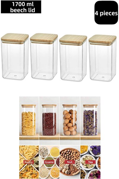 CocoVia (4 Pieces) 1700ml Beech Wood Special Lid Vacuum Storage Container - with Wooden Lid