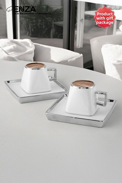 Enza طقم منى فناجين قهوة بورسلين 2 قطعة 90 مل بلاتينيوم