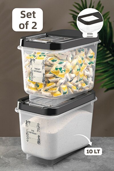 Meleni Home 2-Piece 10 Lt Tablet Detergent Storage Box with Sliding Lid - Detergent Storage Container with Label Anthracite