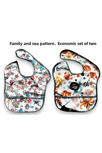 yorni 6-24 Months Economical Double Set - Family and Sea Model Liquid-Proof Baby Bib with Velcro on the Neck