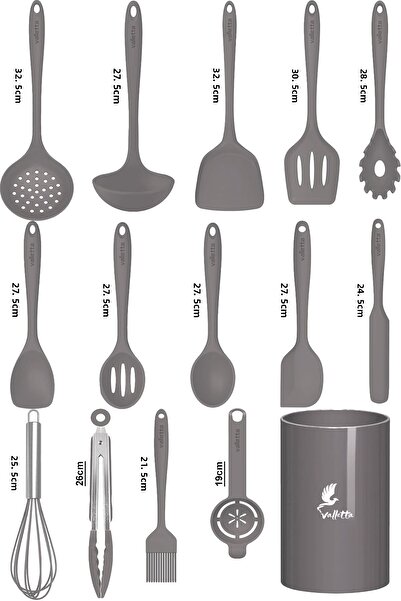 valletta Trigona 15-Piece Gray Silicone Spatula Set - Heat-Resistant, Fireproof and Non-Stick