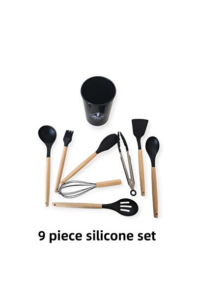 ARMESE 8 Piece Silicone Fireproof Non-Stick Heat Resistant Ladle Set with Stand Black