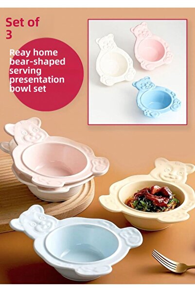 REAY HOME Bear Shaped 3-Piece Handmade Ceramic Presentation Bowl Set - Blue W...