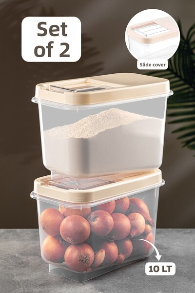 Meleni Home 2-Piece Multibox 10 lt Pulses Storage Container - Food Storage Container with Sliding Lid Flour Container Cream