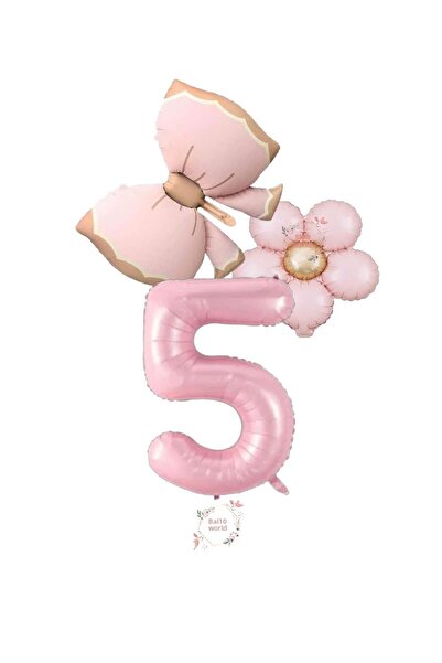 BAL10 DÜNYASI Bal10 Pink Color Bow Daisy and Number Foil Balloon Set Age 5