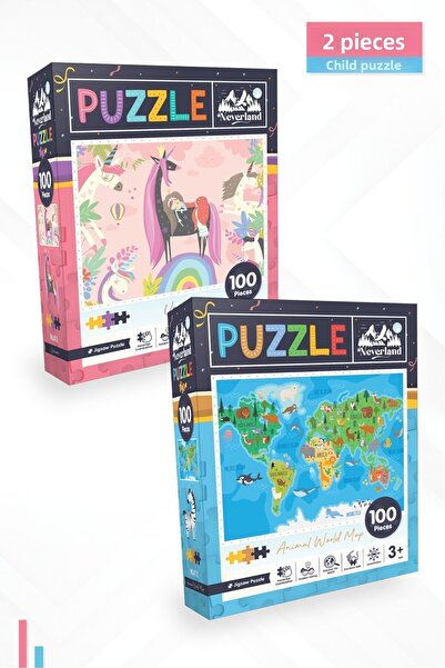 Neverland لغز للأطفال مكون من قطعتين - 100 قطعة خريطة يونيكورن وعالم الحيوانات