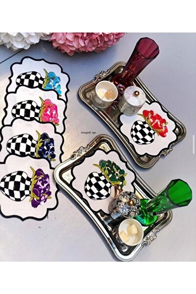 Çengelli İğne 6-Piece Oil Paint Patterned Vase Rose Napkin