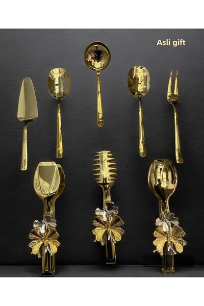 Aslı Hediyelik Stainless Steel 8-Piece Serving Set - Gold Colander, Ladle, Shovel, Fork, Spoon, Butterfly Tongs