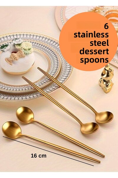 BRE HOME 6 Pieces Gold Stainless Round Form Dessert Spoon, 1St Quality 3 mm 16 cm