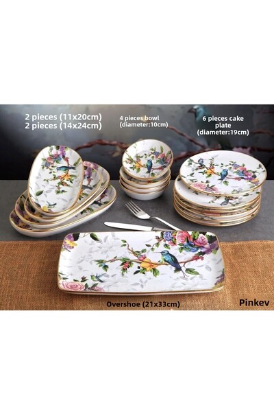 Pinkev Flora 30 Piece 6-Person Ceramic Cake Breakfast Tea Presentation Plate Set
