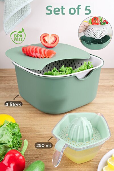Meleni Home طقم مطبخ أخضر متعدد الأغراض مكون من 5 قطع - وعاء خلط، لوح تقطيع، ...