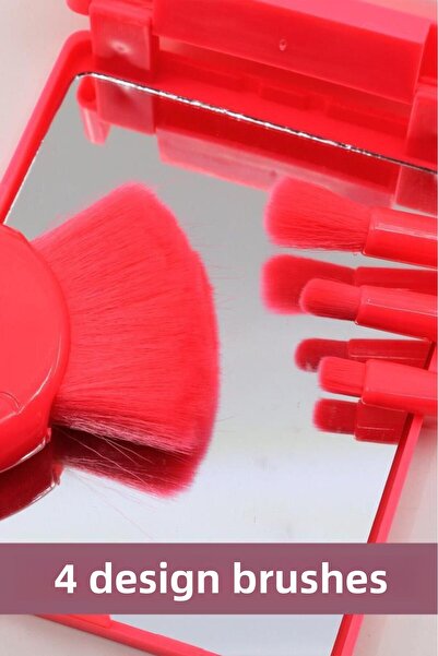 MUJGAN Professional Portable Mirrored Makeup Brush Set Dark Pink with Heart