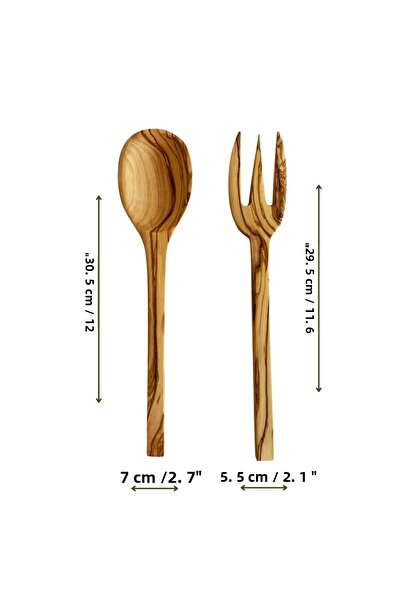 egedeneve Natural Olive Tree Salad Serving Set (2 Pieces) - Zeus Collection - Large Wooden Fork and Spoon
