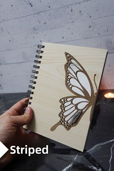 markcat Butterfly Themed Lined Notebook with Wooden Cover - Agenda and School Notebook (A5 - 120 Pages)