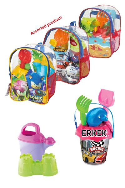 ToXA مجموعة ألعاب الشاطئ للأولاد مكونة من 8 قطع ملونة ومرسومة على شكل دلو رمل البحر مع حقيبة ظهر