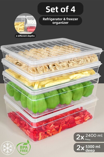 Meleni Home Set of 4 Deep and Shallow Food Storage Containers - Clear Cover Microwave Compatible Organizer XL