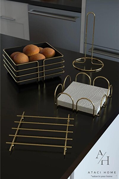 ATACI طقم تقديم تقديم تقديم ذهبي غير قابل للصدأ، سلة خبز، حامل مناشف المطبخ، حامل مناديل، 4 قطع