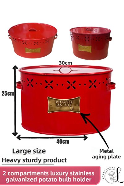 LUCKYHOMES Luxury Stainless Galvanized Potato and Onion Holder 2 Compartments Metal Potato Onion Bucket Red 18 Lt