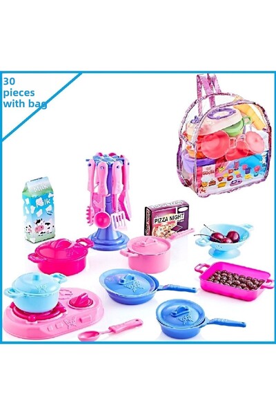 OYUNCAKSAHİLİ Kitchenware Set with Carrying Bag Dining Set 30 Pieces Pot Ladle Fork Knife Fork