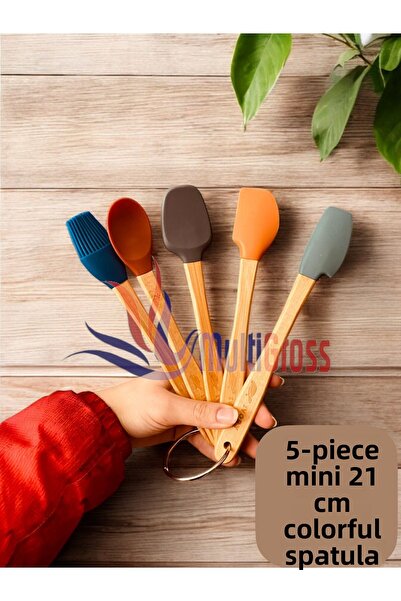 Multiamo Ivory 5 Piece Bamboo Handle Mini 21 cm Silicone Spatula Spoon Brush Set