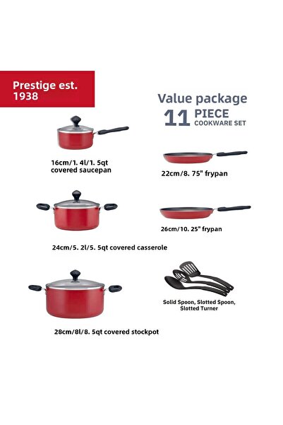 Prestige Classique 11 Piece Nonstick Cooking Set with Glass Lid - Red