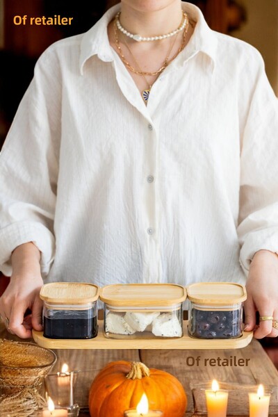 MİEN 3 Pieces Bamboo Tray - Decorative Glass Bowl with Bamboo Silicone Vacuum...