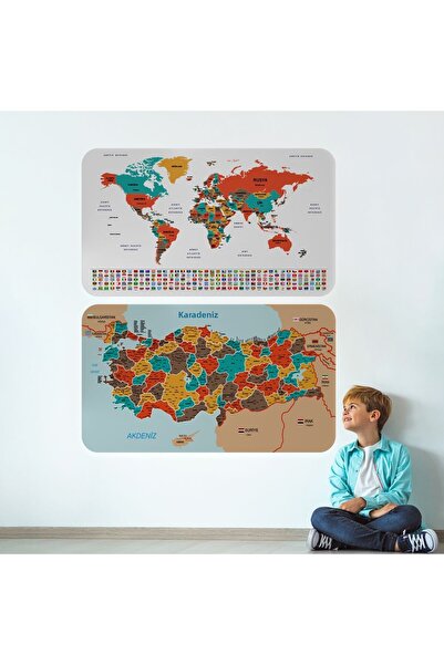 Harita Sepeti Educational Tutorial World And Turkey Map Children's Room Wall Sticker-3886
