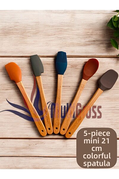 Multiamo Ivory 5 Piece Bamboo Handle Mini 21 cm Silicone Spatula Spoon Brush Set