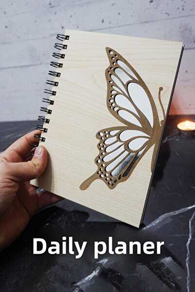 markcat مخطط يوميات بتصميم فراشة بغلاف خشبي - جدول زمني غير مؤرخ - دفتر التخطيط غير المؤقت - A5