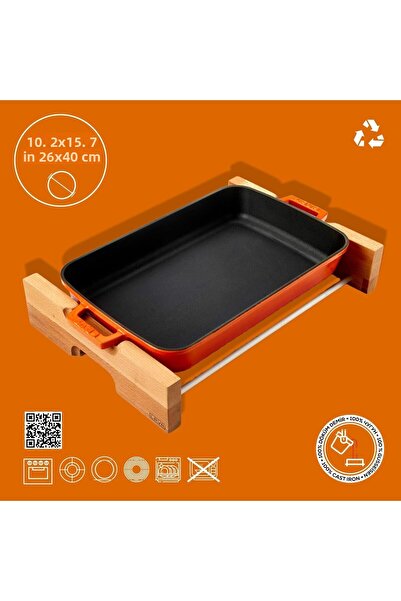 Lava Cast Rectangular Rosto and Baking Tray Beech Serving Wood Cast Iron Solid Double Handle Size