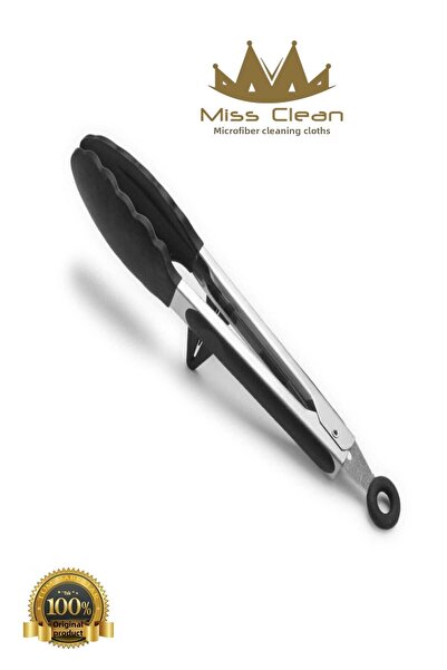 MissClean Black Metal Frying Tongs - Silicone Tip, Locking System
