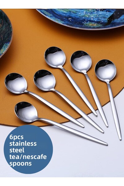 BRE HOME لوكس ملعقة دائرية فضية 6 قطع - ستانلس ستيل، 13.5 سم، لنسكافيه والشاي