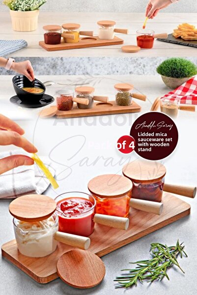 Anadolu Saray 4-Piece Mica Sauce Set - Spice and Presentation Set with Wooden Stand and Lid