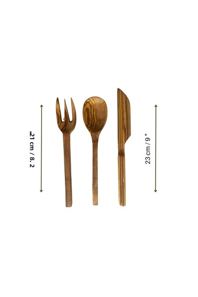 egedeneve Natural Olive Wood Wooden 3-Piece Zeus Dinnerware Set - Fork & Knife & Spoon