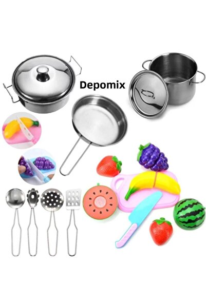 Oyuncakhane لعبة طقم أواني طهي معدنية + مجموعة فواكه وخضروات قابلة للقطع للفت...