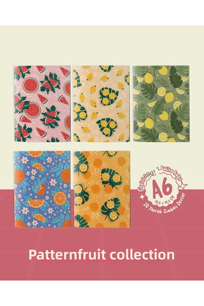 POSTERİFY Pattern Fruits Collection - 5 Fruit Themed Notebooks with A6 Staple Stitching - 10,5X14,5 cm