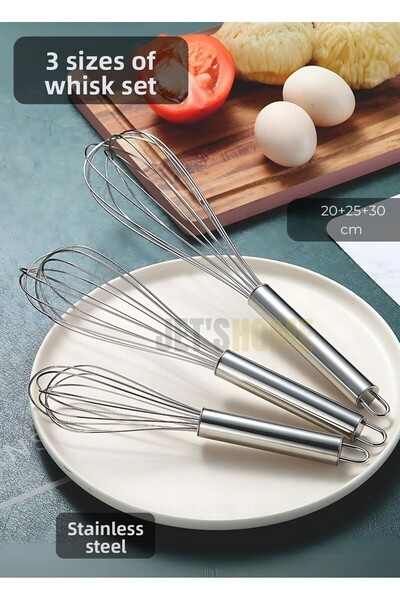 Jet's Home مجموعة من 3 خافق فولاذي لخافق البيض، خافق كيك، خافق حساء، 20-25-30 سم