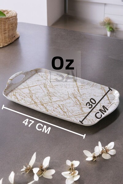 ÖzSa Home Marble Patterned Gold Cream Melamine Tray with Handles Presentation Decorative Home Tableware Kitchen Tea Coffee Tray