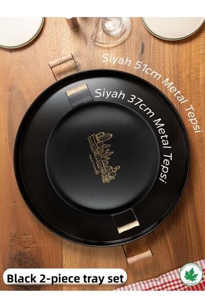 linmetal Set of 2 Wooden Handles 51cm Metal Tray and 37cm Metal Tray Tea Coffee Presentation Tray